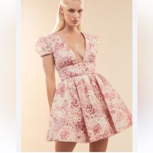 Bardot Pink Floral Plunging Puff-Sleeve Mini Dress